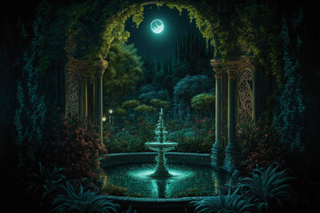 Lush Secret Garden with Fountain, Full Moon at Night Generative AI	