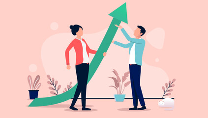 Creating success - Business man and woman lifting green arrow to point upwards. Economic growth and success concept, flat design vector illustration
