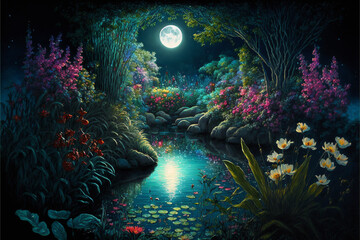 Obraz na płótnie Canvas Lush Secret Garden at Night with Full Moon Reflecting in Water Generative AI 