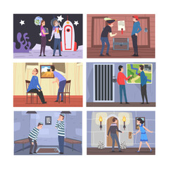Set of quest rooms with people deciding riddles and puzzles. Quest room game entertainment cartoon vector illustration