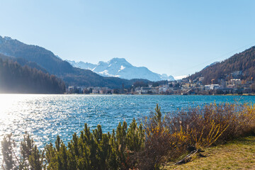 View of St. Moritz lake in Graubunden canton, Switzerland