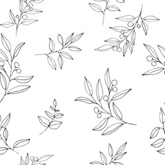Fototapeta na wymiar Hand drawing sketching seamless pattern with vector black and gray branches with leaves and berries.. Vector elements for wedding design, logo design, packaging and other ideas