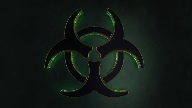 3D Toxic Waste Icon Symbol Golden Green Logo Animation Abstract Background 4K. Toxic Radiation Hazard Sign