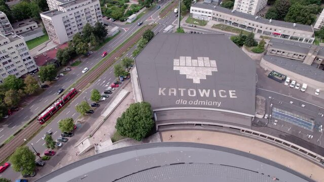 Katowice, Poland. The most characteristic objects in the city in Silesia. Famous buildings, architecture and objects in Katowice in beautiful summer weather.