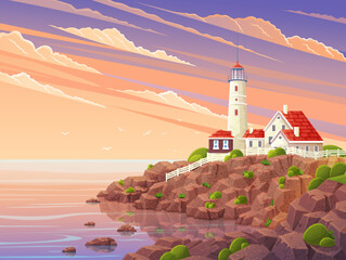 Seacoast with lighthouse and houses. Landscape of nature with sea or river and buildings. Lighthouse on bank, rocky shore. Beautiful scenic landscape, picturesque scenery with view of beacon
