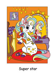 Cute super star singer unicorn vector illustration