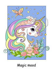 Cute unicorn portrait with flowers vector illustration