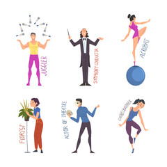 People of creative professions set. Juggler, symphony conductor, acrobat, florist, actor of theatre, choreographer cartoon vector illustration