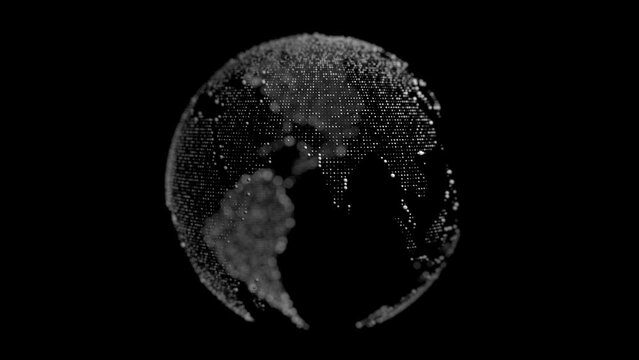 Abstract dotted earth rotating and spinning, world map, illuminated coastline, selective focus, bokeh, 3d rendering, 4k loop animation