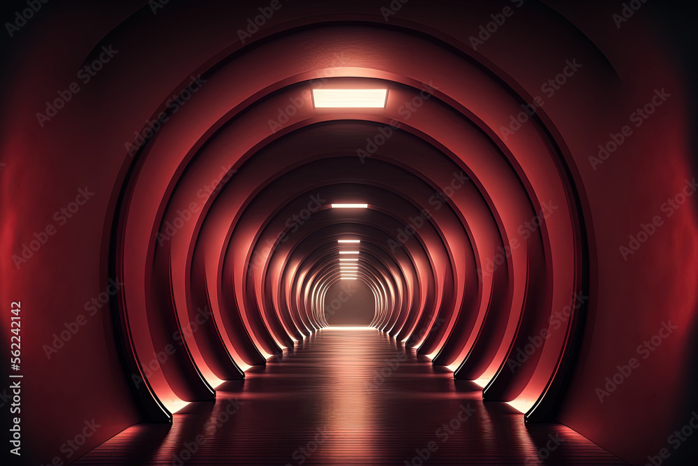 Poster Elegant dark red tech background wallpaper illustration of a futuristic minimal sci fi alien reflecting concrete corridor tunnel void. Generative AI