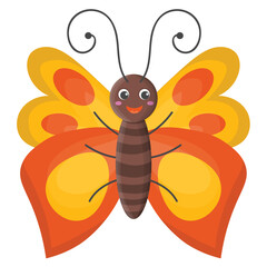 Cute cartoon happy butterfly character in child's flat style isolated on white background. Red and yellow wings, cheerful summer insect.