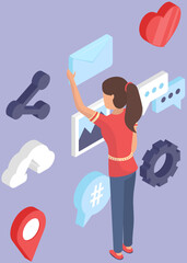 Woman sharing in social media, Internet app signs set. Phone applications and network symbols. Minimalistic icons for mobile devices. Basic gadget functions outline symbols. User interacts with phone