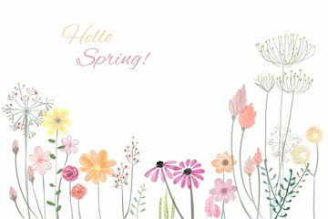 Hello Spring. Spring concept with flowers and text. Greeting card.