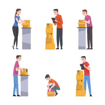 Delivery service or post office workers dealing with orders and cargo set. Men and women packing and carrying boxes cartoon vector illustration
