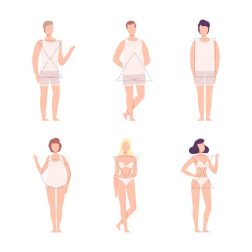 Set of male and female body shape types. Women and men in underwear with triangle, hourglass, rounded, Inverted triangle, rectangle figure type cartoon vector illustration