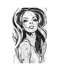 A vector graphic depicting a portrait of a beautiful black woman. The features of her face are depicted with precise lines and shapes, creating a clear and detailed image. The graphic is monochromatic