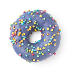 Tasty donut with colorful sprinkles on white background