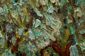 Beautiful oil painting on canvas. Fragment Olive Trees. Brush strokes and canvas textures. Colorful canvas