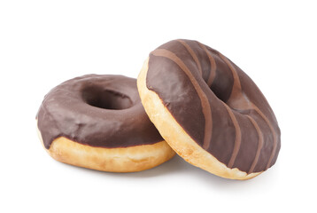 Tasty chocolate donuts on white background