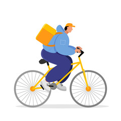 A courier with a backpack rides a yellow bike. Vector illustration.