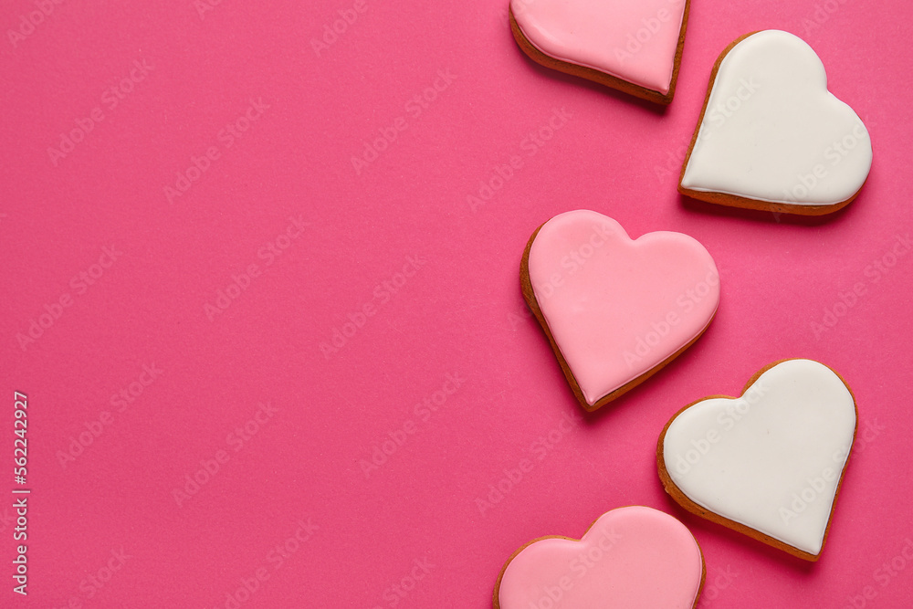 Wall mural Tasty heart shaped cookies on color background. Valentines Day celebration