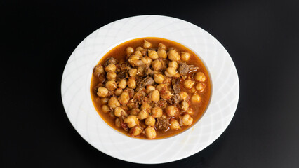 Etli Nohut. Chickpeas with meat. Traditional Turkish food. Turkish cuisine. Homemade healthy dishes concept.