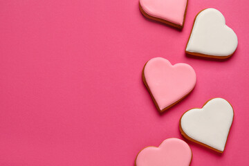 Fototapeta premium Tasty heart shaped cookies on color background. Valentines Day celebration