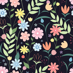 Wild flowers on a dark background. Seamless vector pattern.