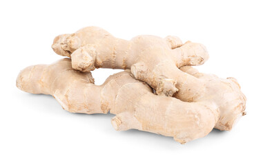 Fresh ginger roots on white background