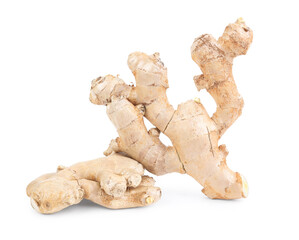 Fresh ginger roots on white background