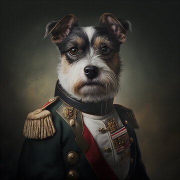 A portrait of a dog wearing historic military uniform. Pet portrait in clothing.