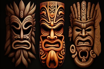 Tikis are a kind of god-faced totem used in Hawaiian culture. Generative AI - obrazy, fototapety, plakaty
