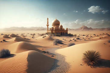 Mosque in the desert with dunes, AI generated