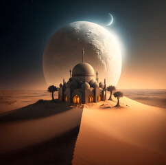 Fototapeta na wymiar Majestic mosque in the desert with the moon back, AI generated