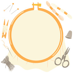 Cross-stitch and needlepoint. Embroidery hoop with empty canva for free space text. DIY items. Vector hand drawn illustration. Handmade accessories set. Free space for text. © rmm