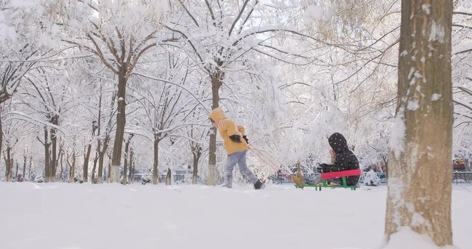 Happy boy running pulling sled with girl, winter day in a beautiful park, active winter