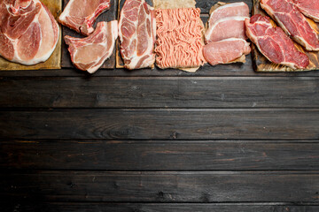 Raw meat. Different kinds of pork and beef meat.