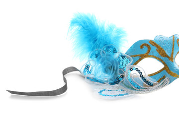 Blue carnival mask for Mardi Gras celebration on white background, closeup