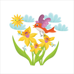 Cute sunny scene with bird flying under daffodils. Spring concept. Flat cartoon style. Sun, clouds, summer weather.