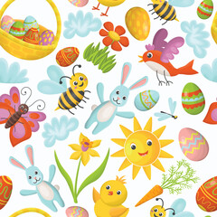 Fototapeta na wymiar Cute seamless pattern of Happy Easter in kid's cartoon flat style. Ornamental eggs, basket with eggs, blue rabbit, butterfly, bird, Narcissus, flower, sun, chick, bee