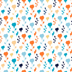 Elegant pattern of orange and blue flowers and leaves. Vertically located components. Seamless vector image.