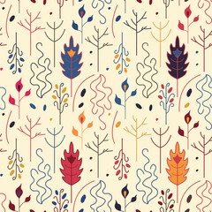 A pattern of red, yellow, blue leaves and twigs. Seamless vector pattern on a blue and purple background.
