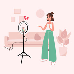Blogger, Influencer. Flat style vector illustration. A girl recording a vlog on the front camera. Young female blogger records herself on video using a light lamp. Vlogger cartoon character.