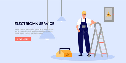 Electrician with a light bulb in his hands on the background of the electric board.Male electrician in uniform.Vector flat cartoon illustration of a worker.Concept for home repair,electrician services