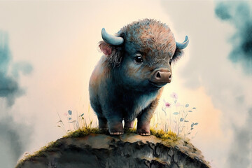 Baby buffalo, watercolor, Generative AI - obrazy, fototapety, plakaty