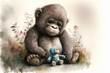 Baby gorilla sitting with toy bear watercolor, Generative AI