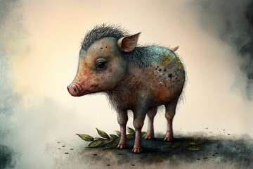Baby warthog standing  watercolor, Generative AI