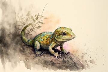 Obraz premium Baby lizard watercolor, Generative AI