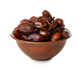 Bowl with dried dates for Ramadan on white background