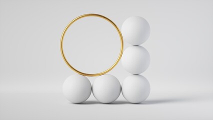 3d render, abstract minimalist geometric background. White balls and golden ring